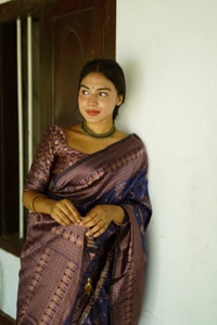 Floral Weave Banarasi Soft Silk Saree with Gold and Copper Zari in Blue, Cream and Green  in Surat