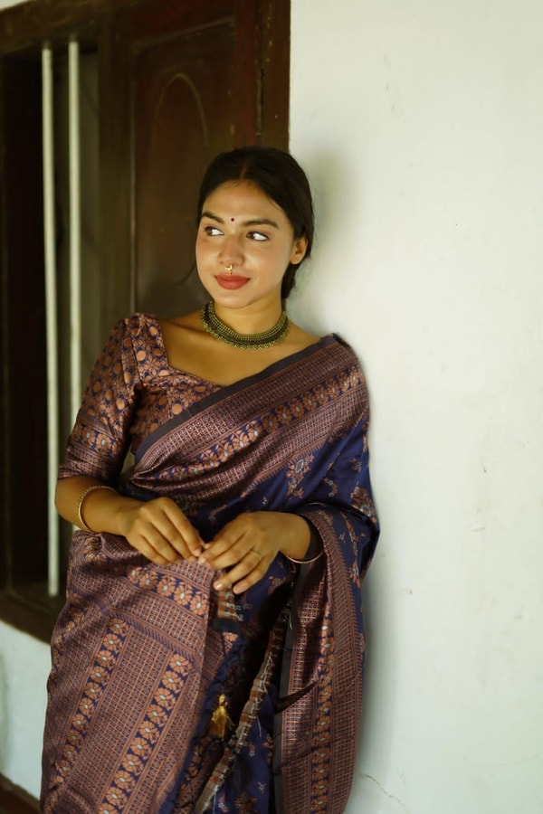 Floral Weave Banarasi Soft Silk Saree with Gold and Copper Zari in Blue, Cream and Green  in Surat