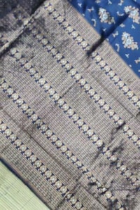 Floral Weave Banarasi Soft Silk Saree with Gold and Copper Zari in Blue, Cream and Green  in Surat video 2