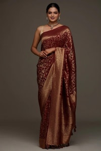 Floral Zari Jaal Banarasi Soft Silk Saree with Paisley Gold Pallu in Navy Blue and Maroon  in Surat