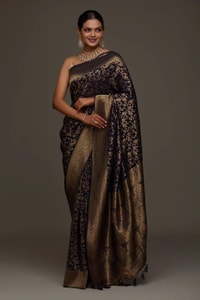 Floral Zari Jaal Banarasi Soft Silk Saree with Paisley Gold Pallu in Navy Blue and Maroon  in Surat