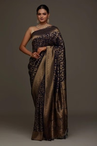 Floral Zari Jaal Banarasi Soft Silk Saree with Paisley Gold Pallu in Navy Blue and Maroon  in Surat