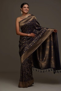 Floral Zari Jaal Banarasi Soft Silk Saree with Paisley Gold Pallu in Navy Blue and Maroon  in Surat