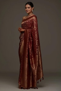 Floral Zari Jaal Banarasi Soft Silk Saree with Paisley Gold Pallu in Navy Blue and Maroon  in Surat