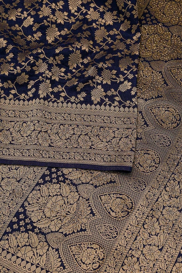 Floral Zari Jaal Banarasi Soft Silk Saree with Paisley Gold Pallu in Navy Blue and Maroon  in Surat