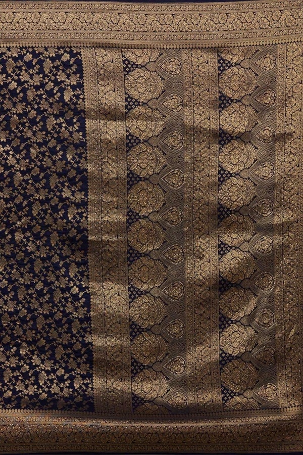 Floral Zari Jaal Banarasi Soft Silk Saree with Paisley Gold Pallu in Navy Blue and Maroon  in Surat
