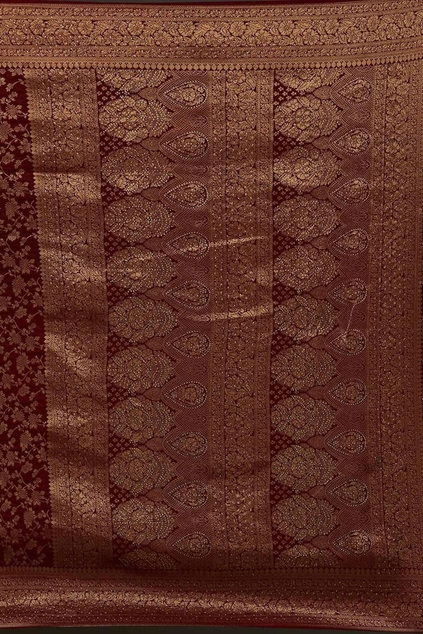 Floral Zari Jaal Banarasi Soft Silk Saree with Paisley Gold Pallu in Navy Blue and Maroon  in Surat