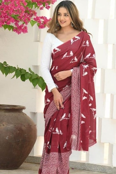 Flying Bird Motif Saree with Striped Pallu in Maroon, Orange and Charcoal Grey in Surat