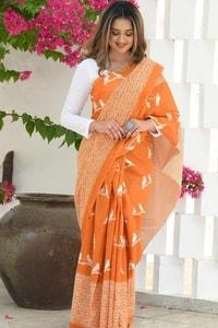 Flying Bird Motif Saree with Striped Pallu in Maroon, Orange and Charcoal Grey  in Surat