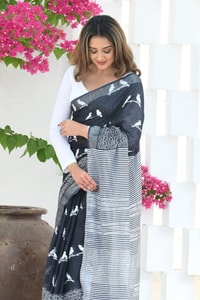 Flying Bird Motif Saree with Striped Pallu in Maroon, Orange and Charcoal Grey  in Surat