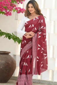 Flying Bird Motif Saree with Striped Pallu in Maroon, Orange and Charcoal Grey  in Surat