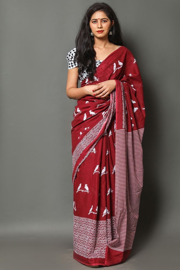 Flying Bird Motif Saree with Striped Pallu in Maroon, Orange and Charcoal Grey  in Surat