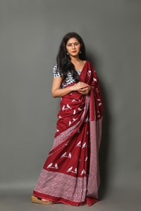 Flying Bird Motif Saree with Striped Pallu in Maroon, Orange and Charcoal Grey  in Surat