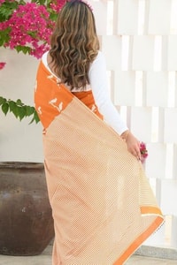 Flying Bird Motif Saree with Striped Pallu in Maroon, Orange and Charcoal Grey  in Surat