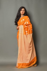 Flying Bird Motif Saree with Striped Pallu in Maroon, Orange and Charcoal Grey  in Surat