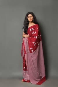 Flying Bird Motif Saree with Striped Pallu in Maroon, Orange and Charcoal Grey  in Surat