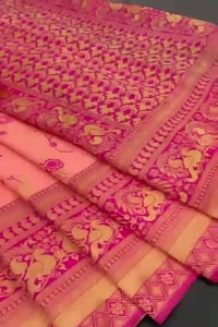 Fuchsia Pink Kanchipuram Style Banarasi Soft Silk Saree with Contrast Wine Brocade Border  in Surat video 1