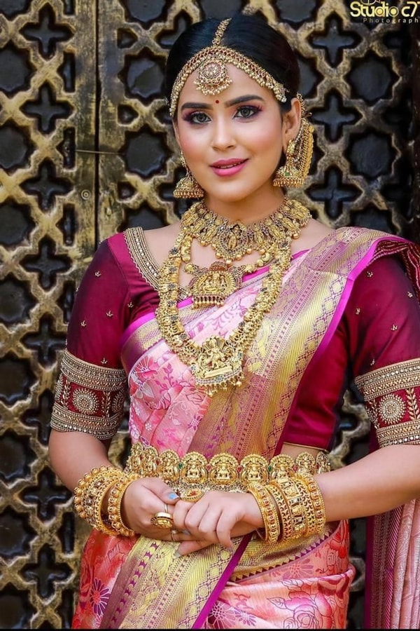 Fuchsia Pink Kanchipuram Style Banarasi Soft Silk Saree with Contrast Wine Brocade Border  in Surat