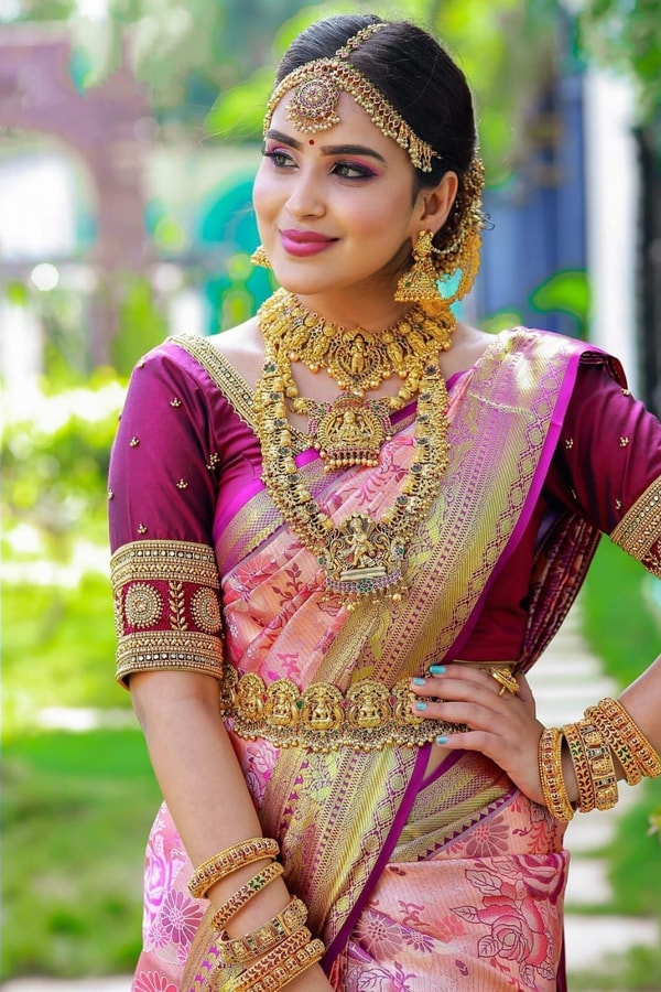 Fuchsia Pink Kanchipuram Style Banarasi Soft Silk Saree with Contrast Wine Brocade Border  in Surat
