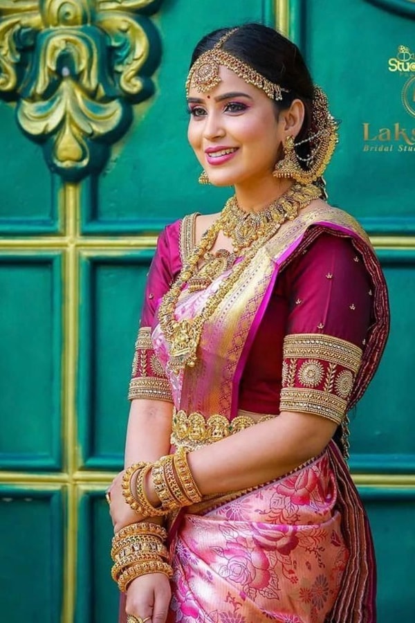 Fuchsia Pink Kanchipuram Style Banarasi Soft Silk Saree with Contrast Wine Brocade Border  in Surat