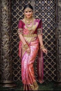 Fuchsia Pink Kanchipuram Style Banarasi Soft Silk Saree with Contrast Wine Brocade Border  in Surat