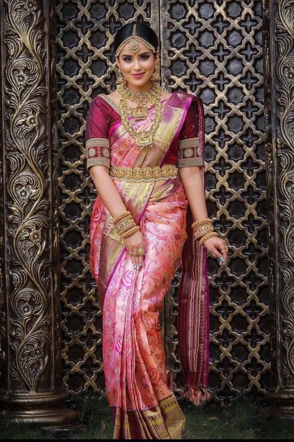 Fuchsia Pink Kanchipuram Style Banarasi Soft Silk Saree with Contrast Wine Brocade Border  in Surat