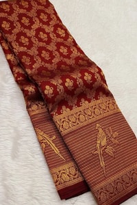 Geometric Zari Jaal Banarasi Soft Silk Saree with Bird Motif Border in Maroon and Red  in Surat