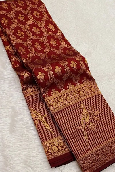 Geometric Zari Jaal Banarasi Soft Silk Saree with Bird Motif Border in Maroon and Red in Surat