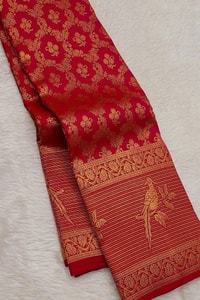Geometric Zari Jaal Banarasi Soft Silk Saree with Bird Motif Border in Maroon and Red  in Surat