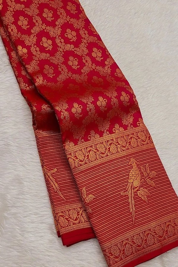 Geometric Zari Jaal Banarasi Soft Silk Saree with Bird Motif Border in Maroon and Red  in Surat