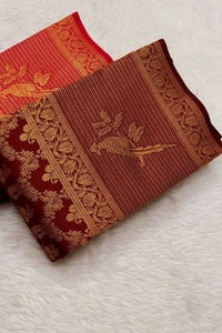 Geometric Zari Jaal Banarasi Soft Silk Saree with Bird Motif Border in Maroon and Red  in Surat