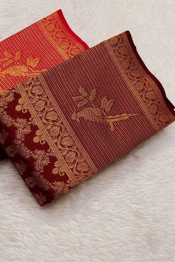 Geometric Zari Jaal Banarasi Soft Silk Saree with Bird Motif Border in Maroon and Red  in Surat