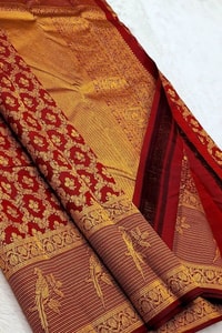 Geometric Zari Jaal Banarasi Soft Silk Saree with Bird Motif Border in Maroon and Red  in Surat