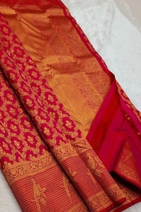 Geometric Zari Jaal Banarasi Soft Silk Saree with Bird Motif Border in Maroon and Red  in Surat