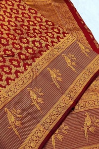 Geometric Zari Jaal Banarasi Soft Silk Saree with Bird Motif Border in Maroon and Red  in Surat