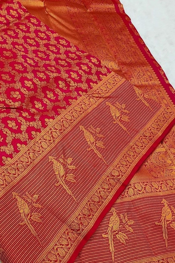 Geometric Zari Jaal Banarasi Soft Silk Saree with Bird Motif Border in Maroon and Red  in Surat