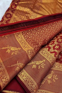 Geometric Zari Jaal Banarasi Soft Silk Saree with Bird Motif Border in Maroon and Red  in Surat