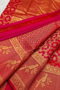 Geometric Zari Jaal Banarasi Soft Silk Saree with Bird Motif Border in Maroon and Red  in Surat