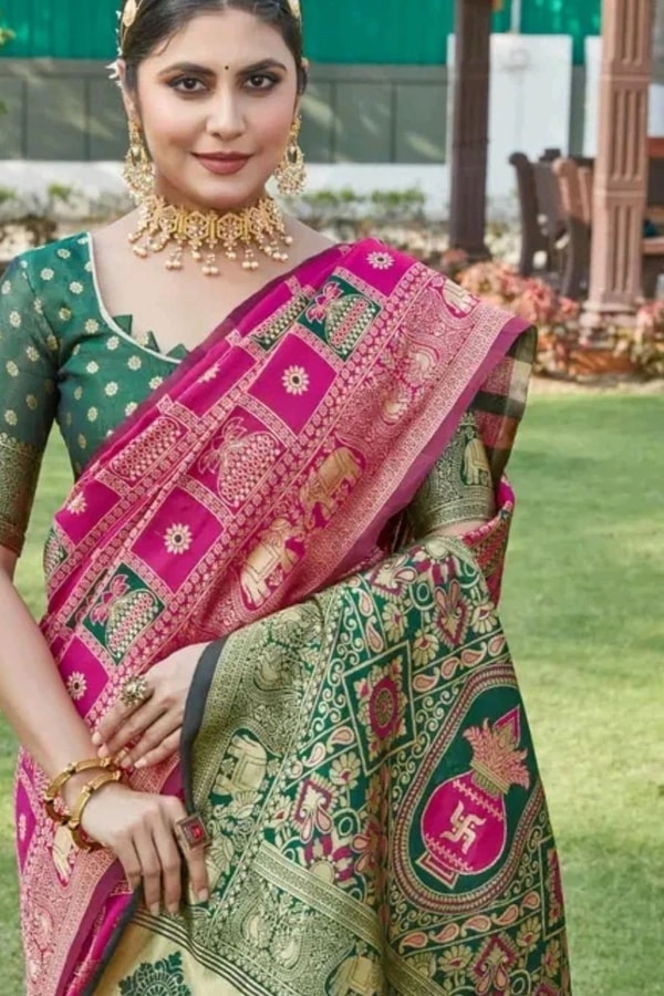 Gharchola-Style Zari Checks Banarasi Soft Silk Saree with Green Contrast Pallu in Pink and Wine  in Surat