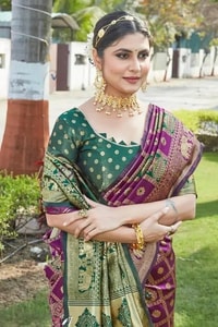 Gharchola-Style Zari Checks Banarasi Soft Silk Saree with Green Contrast Pallu in Pink and Wine  in Surat