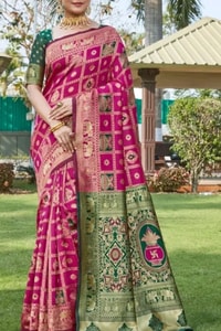 Gharchola-Style Zari Checks Banarasi Soft Silk Saree with Green Contrast Pallu in Pink and Wine  in Surat