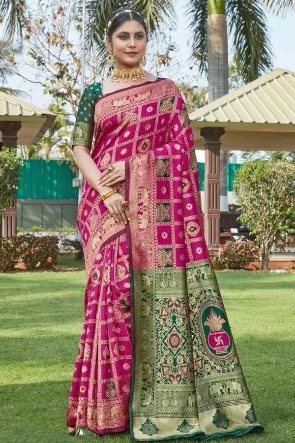 Gharchola-Style Zari Checks Banarasi Soft Silk Saree with Green Contrast Pallu in Pink and Wine  in Surat