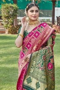 Gharchola-Style Zari Checks Banarasi Soft Silk Saree with Green Contrast Pallu in Pink and Wine  in Surat