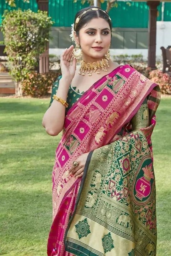 Gharchola-Style Zari Checks Banarasi Soft Silk Saree with Green Contrast Pallu in Pink and Wine  in Surat