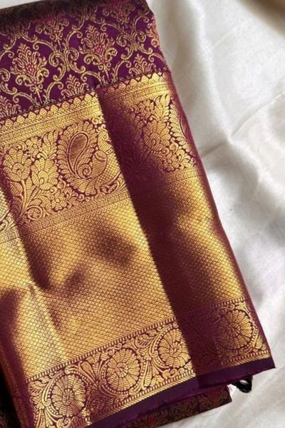 Gold Floral Brocade Banarasi Soft Silk Saree with Heavy Zari Border in Wine and Teal Blue in Surat