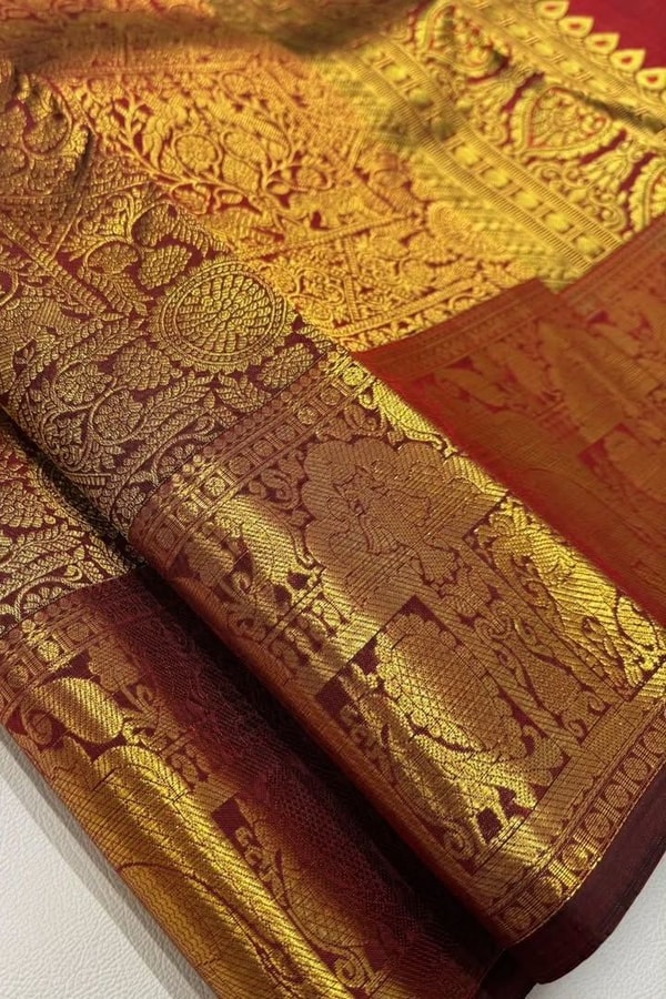 Gold Tissue Look Banarasi Soft Silk Saree with Heavy Zari Weave and Maroon Accents  in Surat