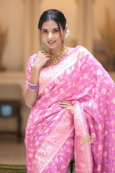 Gold Zari Brocade Floral Jaal Banarasi Soft Silk Saree in Seven Pastel and Jewel Shades in Surat