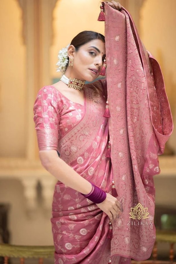 Gold Zari Brocade Floral Jaal Banarasi Soft Silk Saree in Seven Pastel and Jewel Shades  in Surat