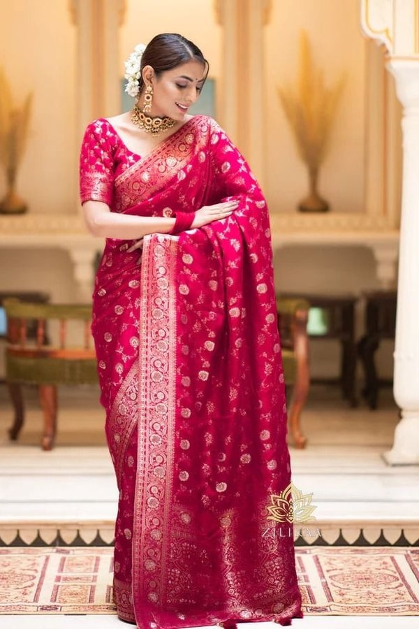Gold Zari Brocade Floral Jaal Banarasi Soft Silk Saree in Seven Pastel and Jewel Shades  in Surat