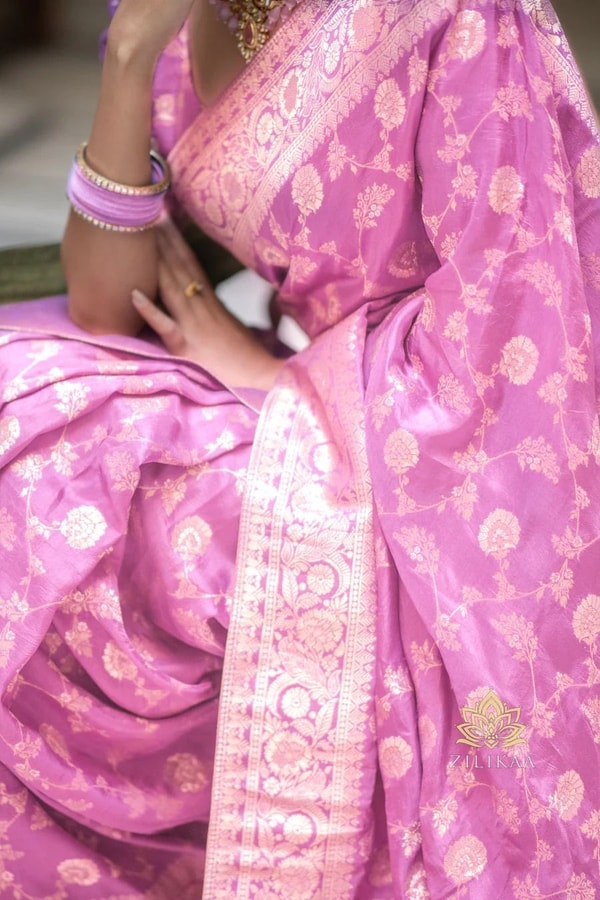 Gold Zari Brocade Floral Jaal Banarasi Soft Silk Saree in Seven Pastel and Jewel Shades  in Surat